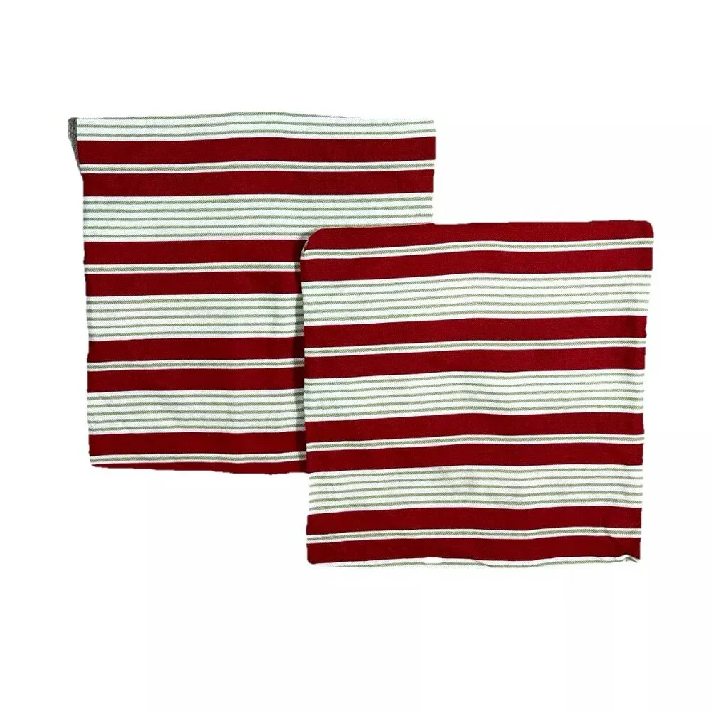 2 Handmade Waverly Pillowcases Shams Covers Pair Red Green White Stripe Euro 17